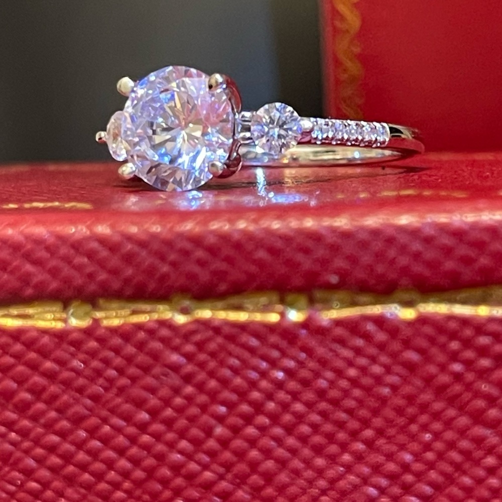 Tiffany set Round sim diamond engagement ring sterling silver gold & silver